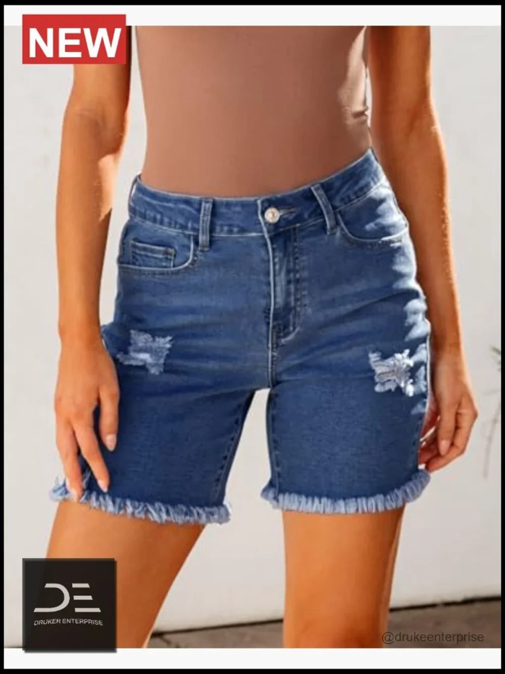 High Waisted Distressed Stretchy Denim Long Shorts with Raw Hem